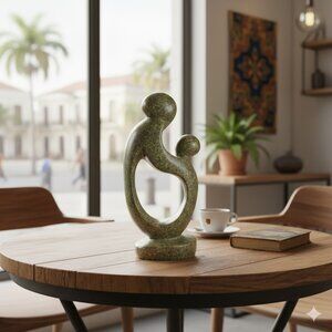 African Shona Green Verdite Fruit Serpentine Stone Mother Child Sculpture 8.5"